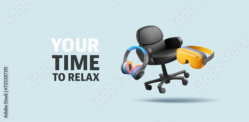 Realistic virtual reality glasses, headphones, computer chair. 3D. For game, home, office, recreation concepts. Engineering technologies and modern gadgets. Vector