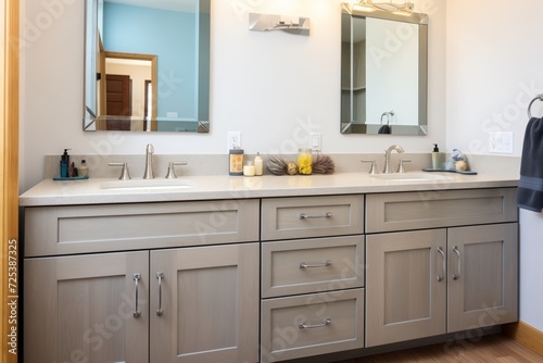 grey vanity with two sinks and brushed nickel fixtures