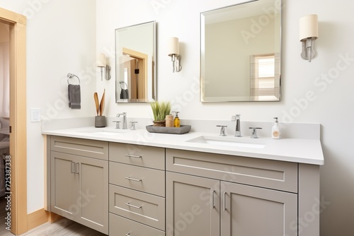 grey vanity with two sinks and brushed nickel fixtures © primopiano