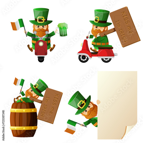 Irish hero leprechaun set for St Patrick's day greeting card, poster, banner, web. Cheerful leprechaun holding placard copy space, sitting on barrel, riding on motorbike, holding beer and irish flag