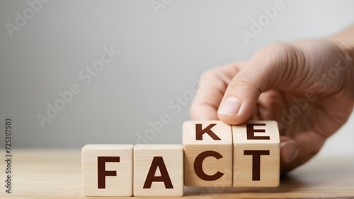 Fact or Fake concept, Hand flip wood cube change the word, April fools day photo