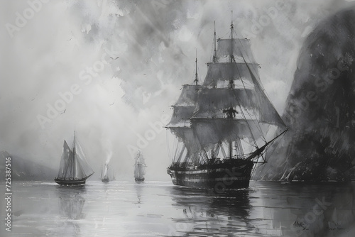 black and white illustration of a ship in the harbor