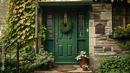 Green front door of a house with a wreath on the front door
