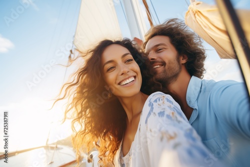 couple taking a selfie with yacht sailing in background