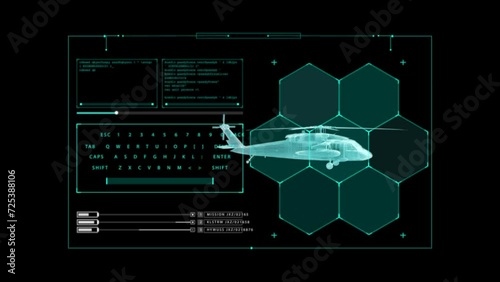 Futuristic HUD elements on a computer display with military  scheme, navigation system and code on a screen. Hitech Illustration photo