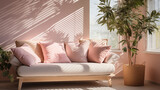 Pink and light violet stylish furniture, couch and armchair with decorative pillows, home style
