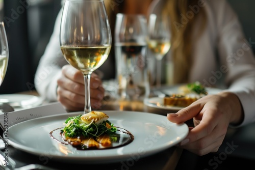 Close up detail of female having dinner in top notch restaurant. Side view of female hands next to blue fin tuna dish with beluga caviar and a glass of white wine. photo