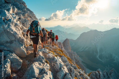 Hikers on a mountain ridge with breathtaking views of the alpine landscape.