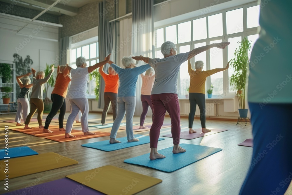 Group of seniors doing stretching exercise together at retirement centre. Elderly men and old women exercising at nursing home during daily fitness. Retired couples exercising at care facility.