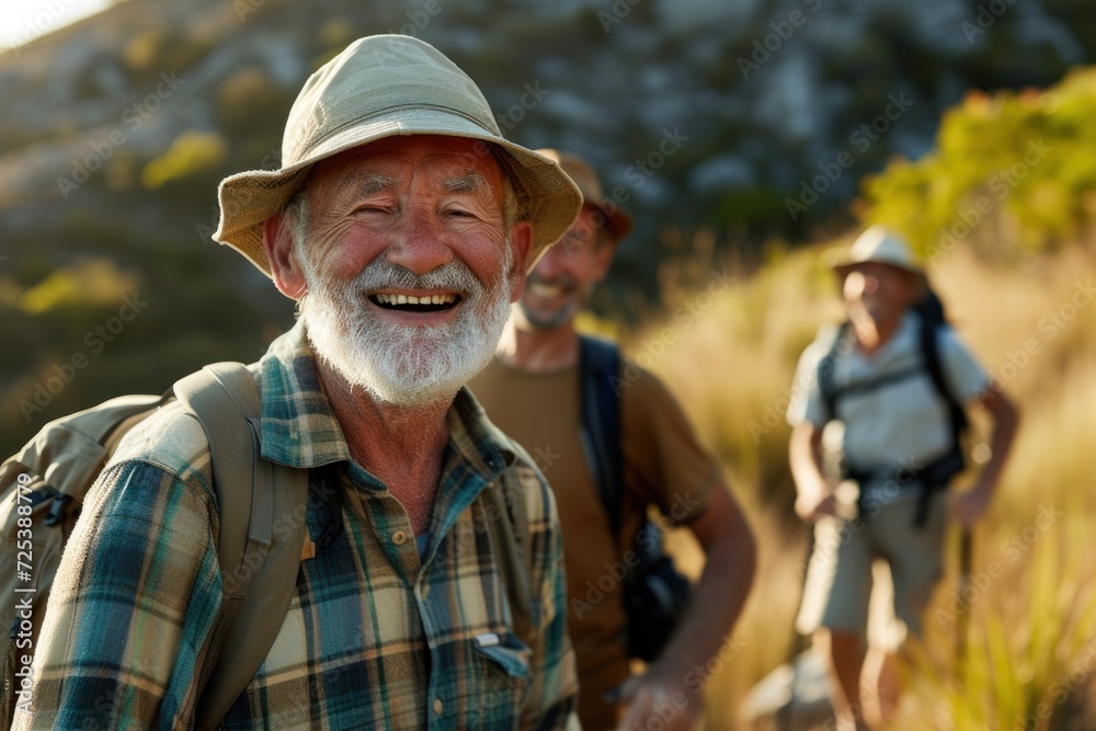 Cheerful elderly man hiking with group in mountains.