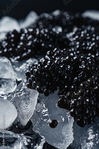 Heap of black caviar lying on a pile of ice