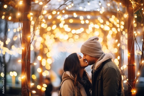 couple sharing a kiss under a canopy of fairy lights outdoors