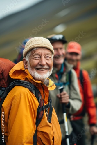 Hiking, smile and group of old men on mountain for fitness, trekking and backpacking adventure. Explorer, discovery and expedition with senior friends walking for health, retirement and journey