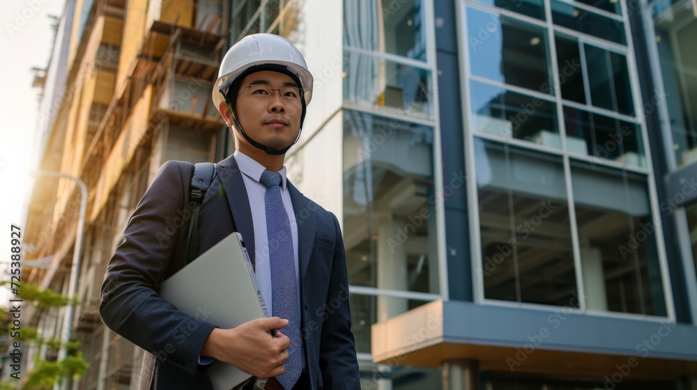 Asian male architect in suit wearing helmet standing holding a radio and laptop, portrait man looking camera.