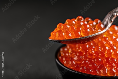 Red Caviar in a spoon. Caviar in bowl over black background. Close-up salmon caviar. Delicatessen. Gourmet food. Texture of caviar. Seafood