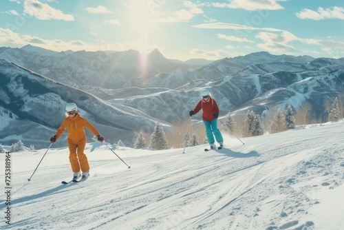 skiing in the mountains Older people engage in sports activity for health and longevity © Andrey