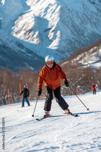 skiing in the mountains Older people engage in sports activity for health and longevity