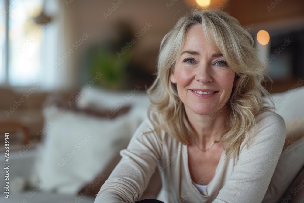 A beautiful middle aged blonde woman with a radiant smile sits on the couch at home looking at the camera An elegant senior woman with silver hair seated indoors.