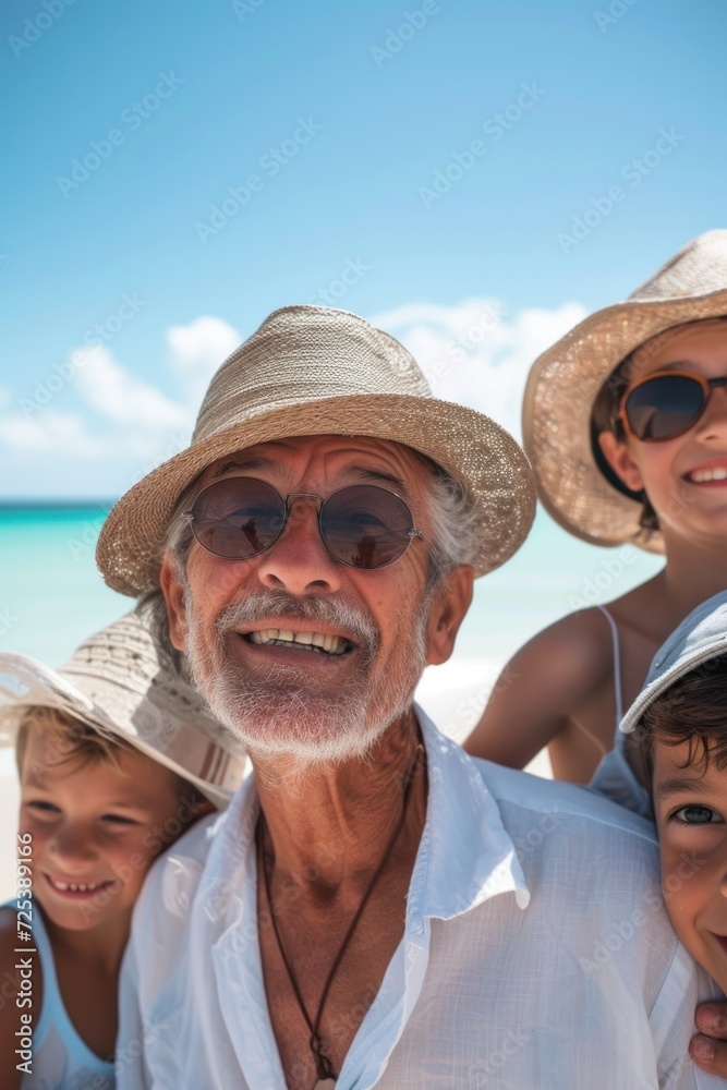 a happy middle-aged man on the beach with his family.