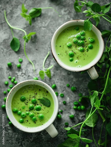 Fresh green pea soup bowl. Healthy vegetarian meal.
