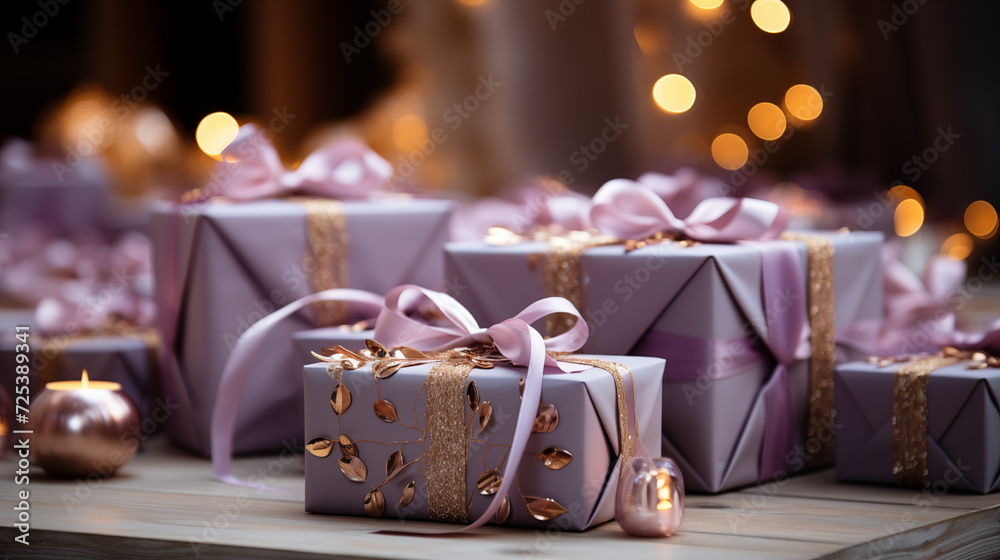 Colored gift boxes with gold ribbon, concept of Christmas holidays or a New Year