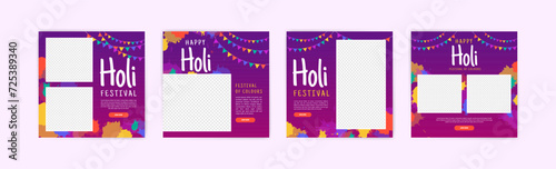 Happy holi festival banner design. Social media post for holi festival. Banner for holi festival with powder ornaments and colorful paint splashes.