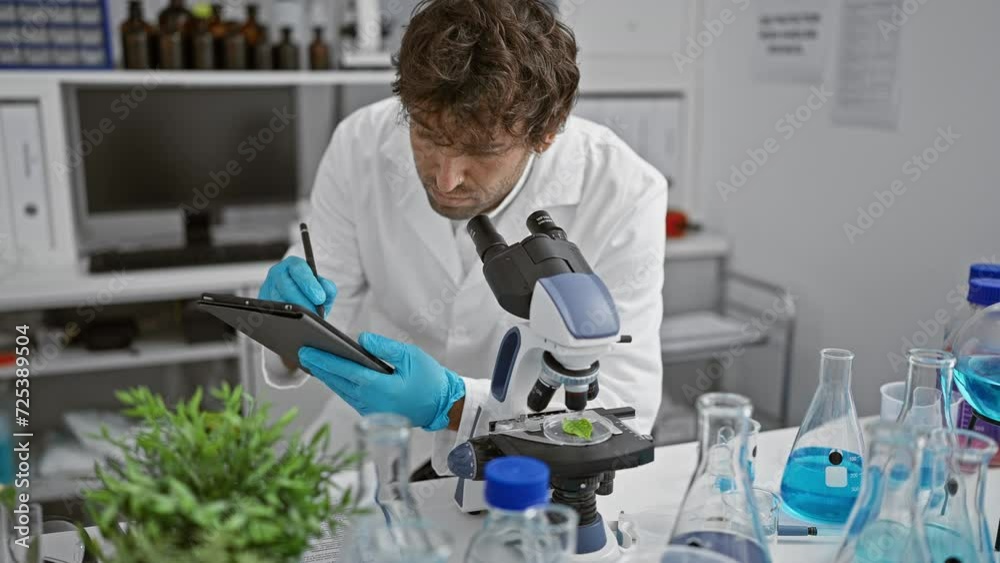 Focused man using microscope and tablet in laboratory setting, showcasing research and healthcare. Focused man using microscope and tablet in laboratory setting, showcasing research and healthcare.