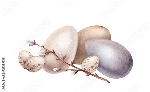 Chicken and quail eggs shell and willow branches. Symbols of Easter celebration. Design for card. Watercolor hand drawn painting illustration isolated on a white background. Minimalistic pastel color
