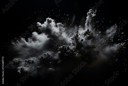 Black charcoal powder dust paint white explosion explode burst isolated splatter abstract. Powder charcoal background black smoke particles explosive carbon pattern coal makeup dark splash bomb piece