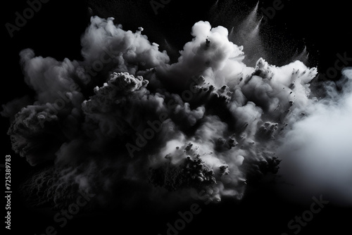 Black charcoal powder dust paint white explosion explode burst isolated splatter abstract. Powder charcoal background black smoke particles explosive carbon pattern coal makeup dark splash bomb piece