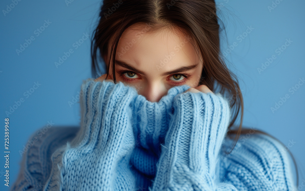 Woman in blue turtleneck knitted sweater looking at camera while covering sad face. Feelings of depression, sadness, loneliness, social phobia. Winter cold. Blue Monday. Woman in blue turtleneck knitted sweater looking at camera while covering sad face. Feelings of depression, sadness, loneliness, social phobia. Winter cold. Blue Monday.