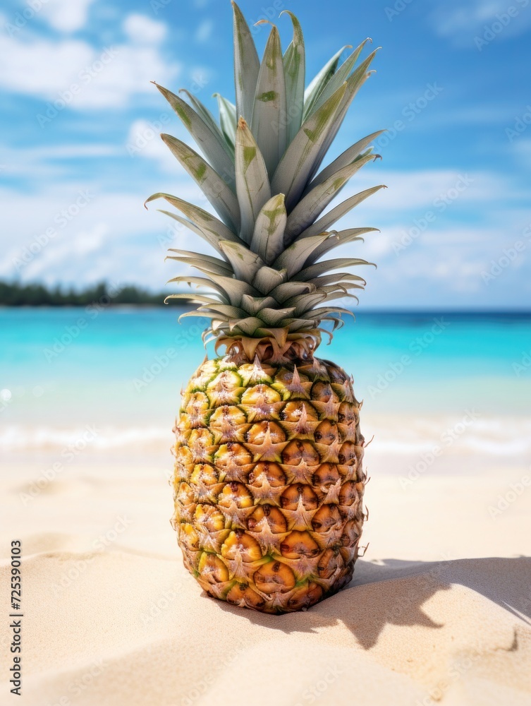 Pineapple on summer beach background, minimal. Fashionable concept. Fresh pineapple for package, grocery product advert. Realistic, detailed. Pineapple on summer beach background, minimal. Fashionable concept. Fresh pineapple for package, grocery product advert. Realistic, detailed.