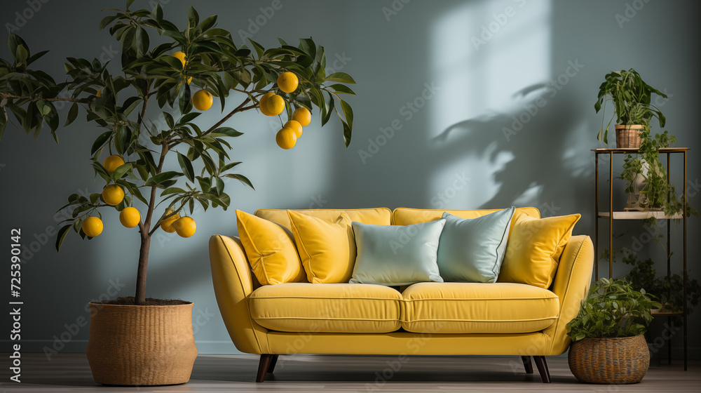 Light yellow and blue stylish furniture, armchair or couch with decorative pillow, home style