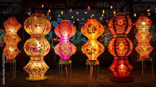 Auspicious lanterns radiate cultural charm  their vibrant hues and intricate designs symbolizing positivity and celebration  illuminating spaces with a blend of tradition and elegant