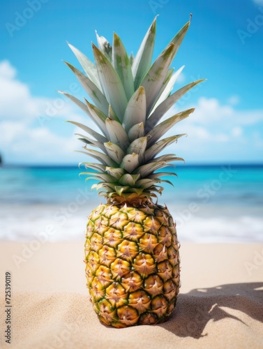 Pineapple on summer beach background, minimal. Fashionable concept. Fresh pineapple for package, grocery product advert. Realistic, detailed.