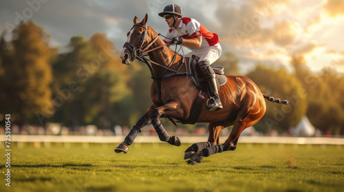 dramatic studio shot of horse polo player use a mallet hit ball in tournament. photo