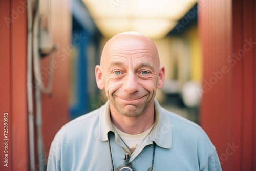 man with a noticeable bald patch, engaging with camera photo