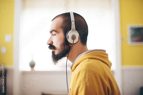 individual with headphones slouching with neck bent photo