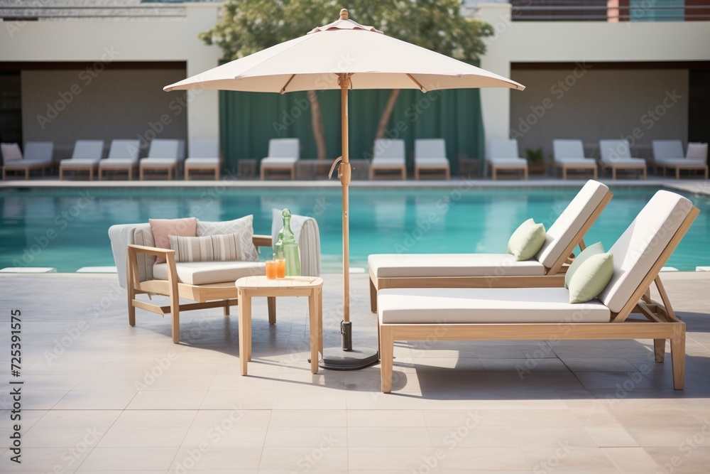 Fototapeta premium luxury outdoor chaise lounges arranged by the poolside