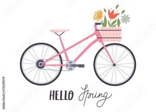 Cute pink bicycle with spring flowers in the front basket. Springtime coming concept. Hand drawn vector illustration in flat design