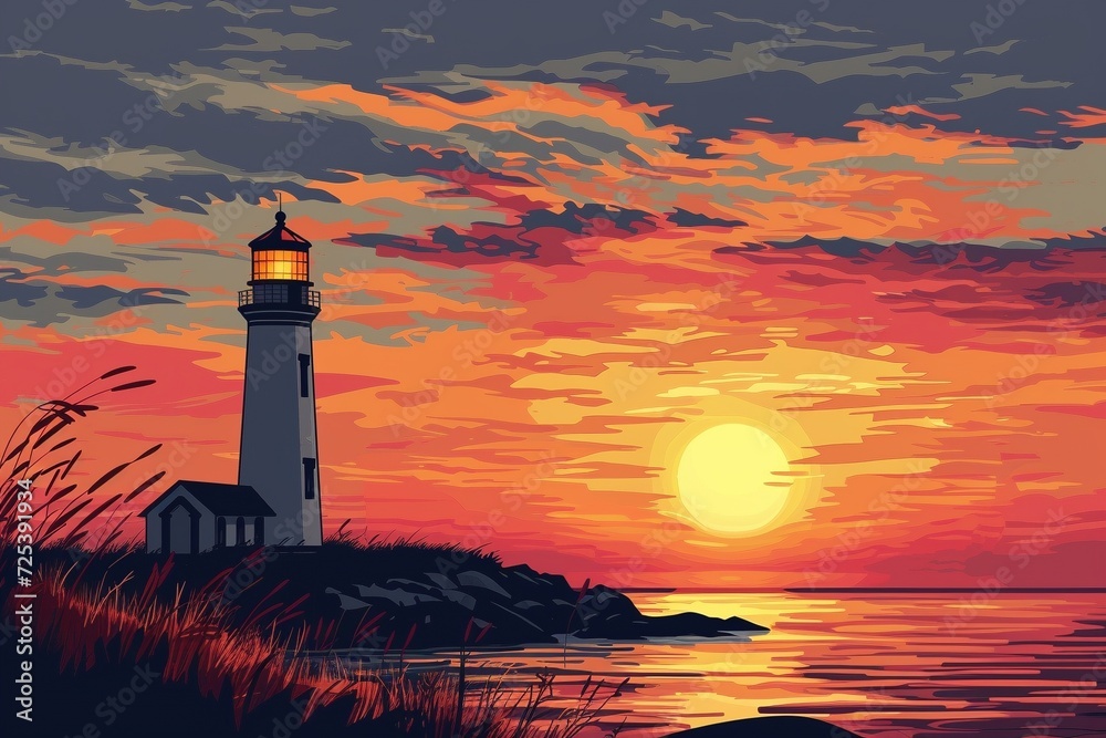 Illustration eines Leuchtturms bei Sonnenuntergang 