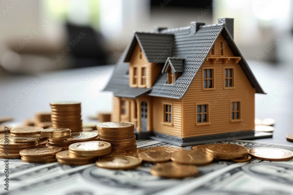 Conceptual image representing finance and housing: a stack of coins, a model house and financial symbols representing investment and real estate transactions. Conceptual image representing finance and housing: a stack of coins, a model house and financial symbols representing investment and real estate transactions.