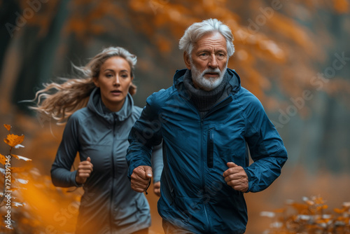 An active elderly couple jogging together in the park in the fall, promoting health and togetherness in their older years.