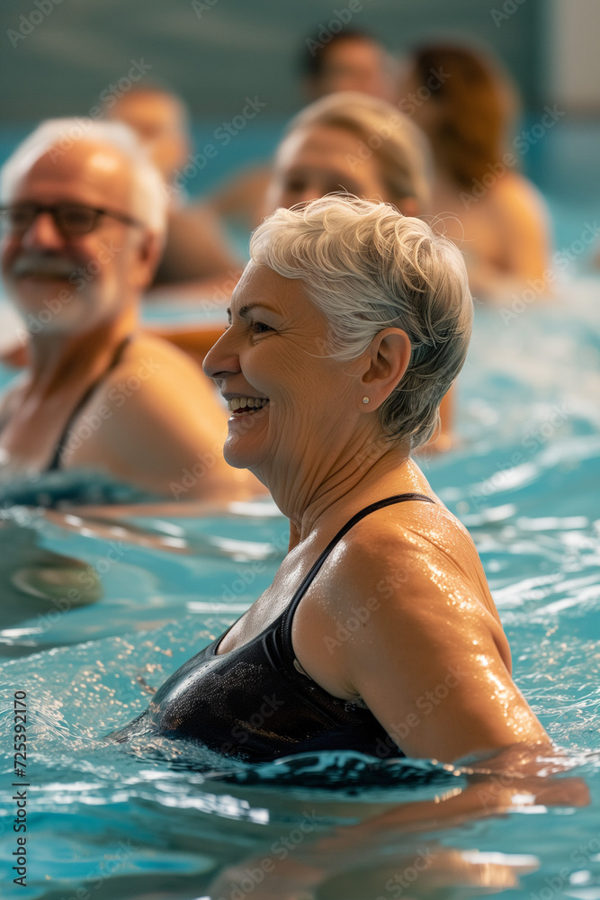 Fototapeta premium Active mature people enjoying aqua gym class in a pool doing aqua fit sport