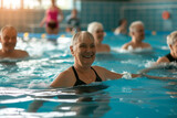 Active mature people enjoying aqua gym class in a pool doing aqua fit sport