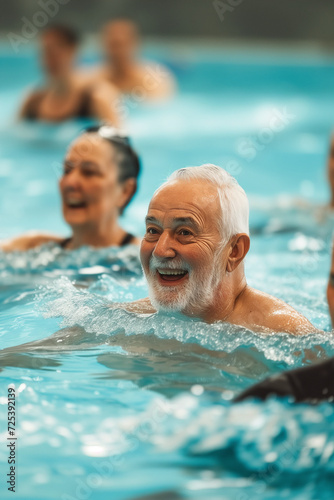 Active mature people enjoying aqua gym class in a pool doing aqua fit sport © Ira_Shpiller