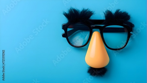 Happy april fool's day and funny pranks concept with a pair of comical glasses with bushy eyebrows and thick mustache isolated on blue background with copy space.