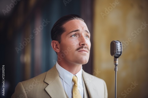 man speaking into a vintagestyled modern microphone photo