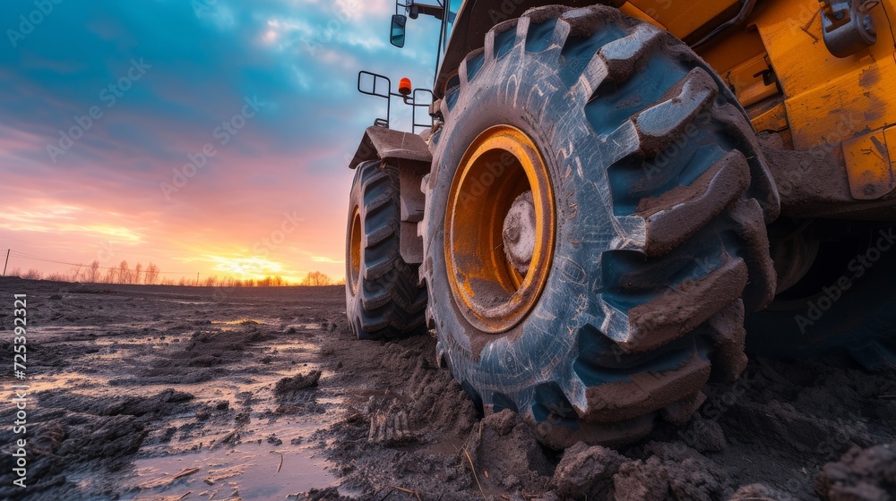 Big rubber wheels of soil grade tractor car earthmoving at road construction side. Close-up of a dirty loader wheel with a large tread with sky sunset - obrazy, fototapety, plakaty 