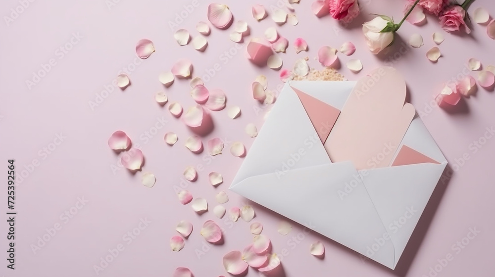 Flat Lay with Pastel Pink Flowers, Envelope, and Heart Confetti. Copy Space